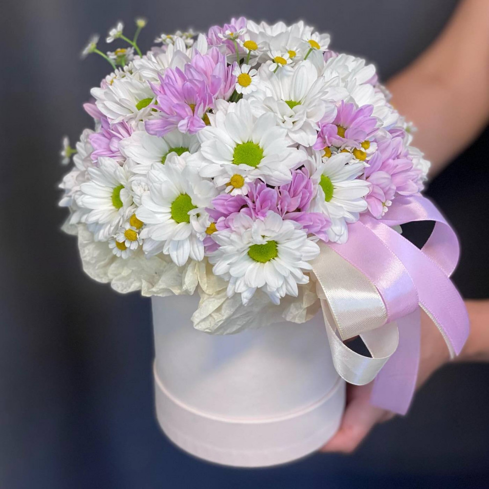 Букет цветов «Белые и розовые хризантемы в коробке»