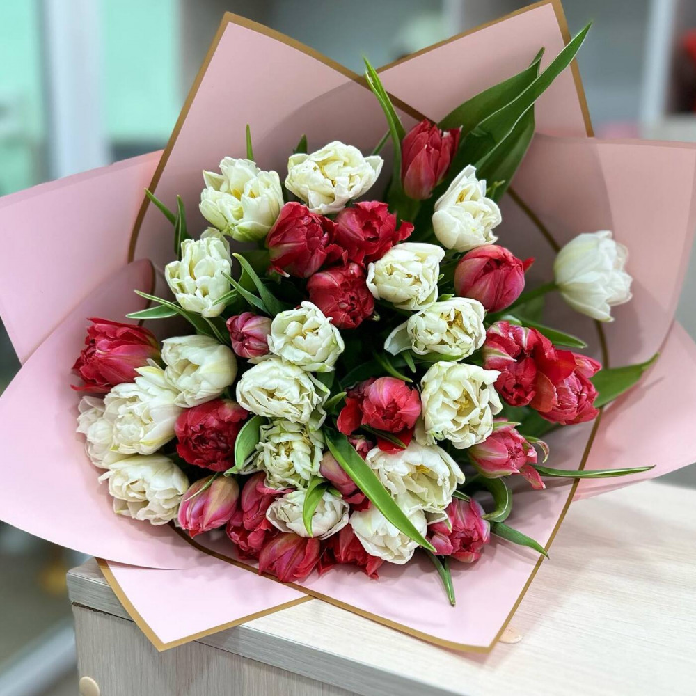 Букет цветов «Бело-красный букет тюльпанов» - фото 2